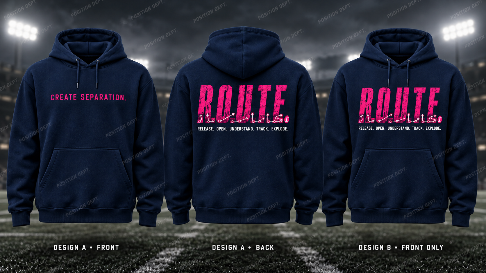 R.O.U.T.E. football hoodie in Navy / Hot Pink, showing Design A slogan front and letter back, plus Design B front-only artwork.