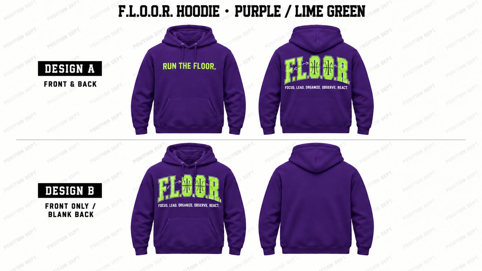 Position Dept. F.L.O.O.R. basketball hoodie in Purple / Lime Green, showing Front & Back and Front Only designs with basketball court and net details.