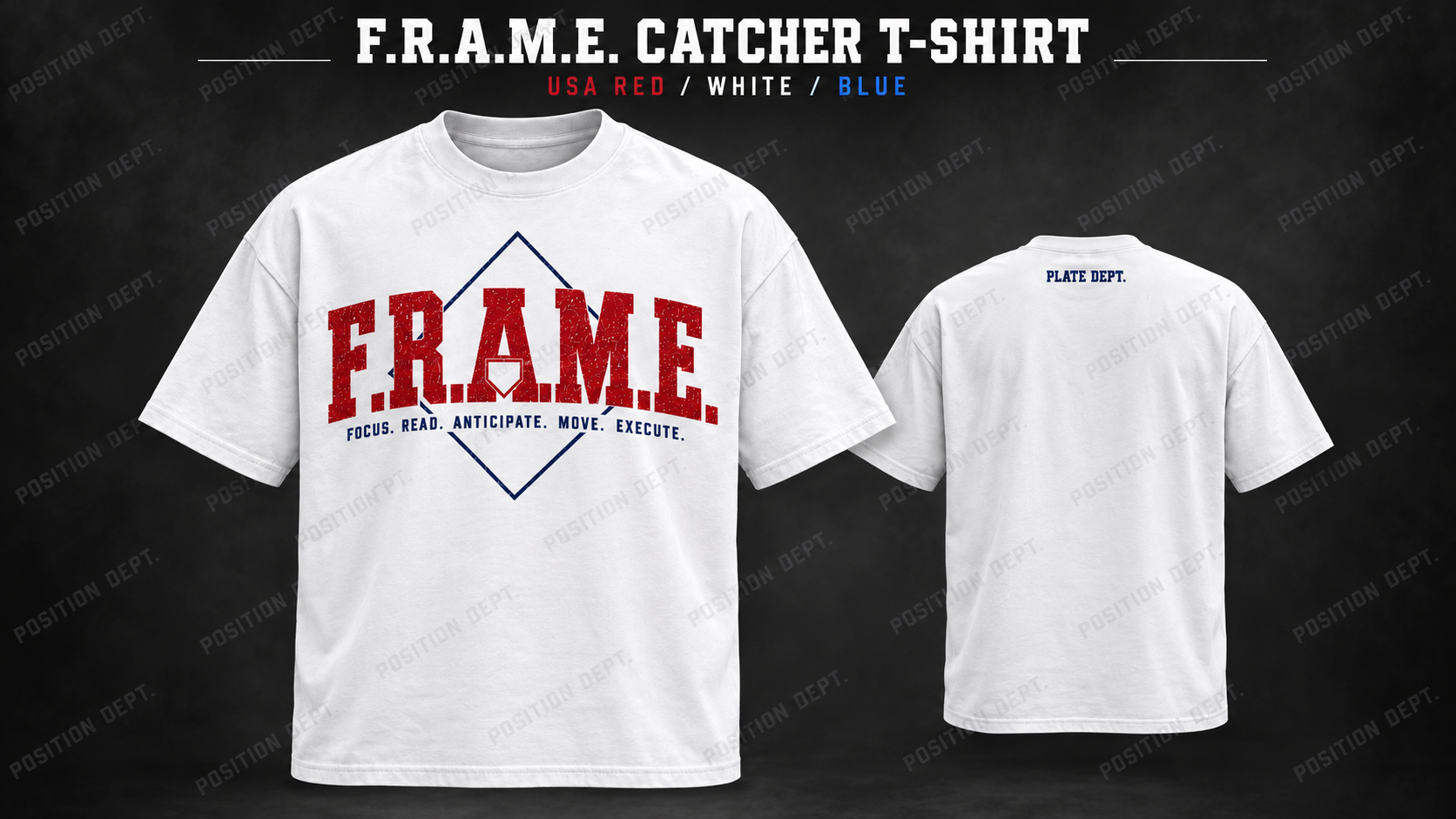 Position Dept. F.R.A.M.E. catcher T-shirt in USA Red / White / Blue, front and back views, baseball and softball leisure wear.