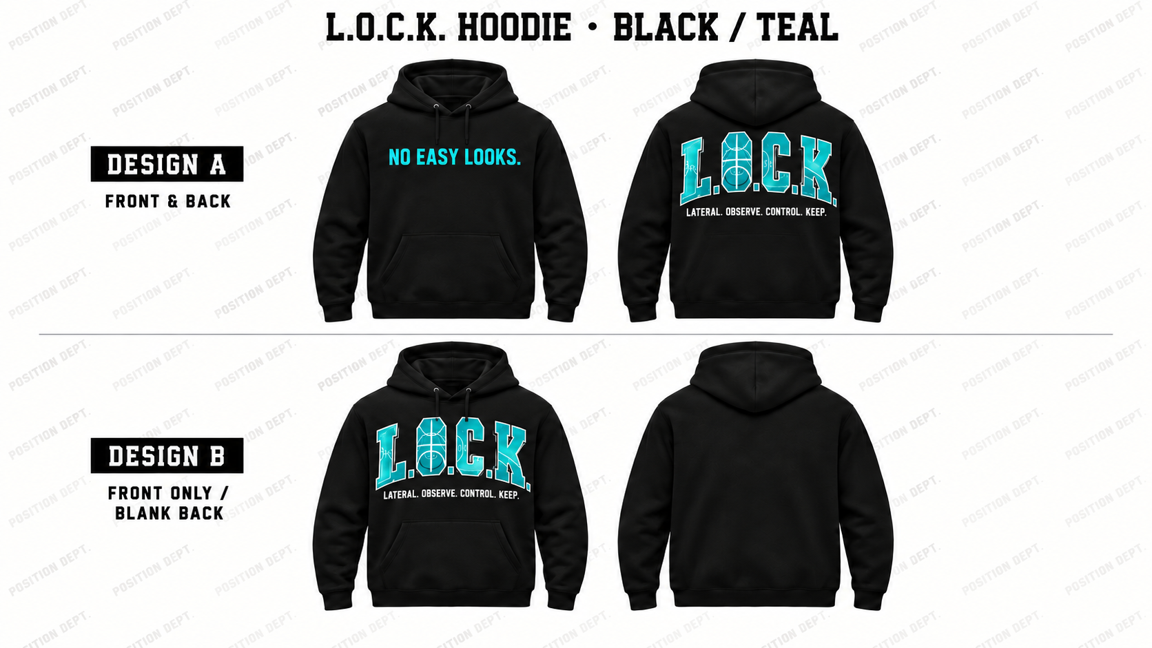Position Dept. L.O.C.K. basketball hoodie in Black / Teal, showing Front & Back and Front Only designs with basketball court lettering.