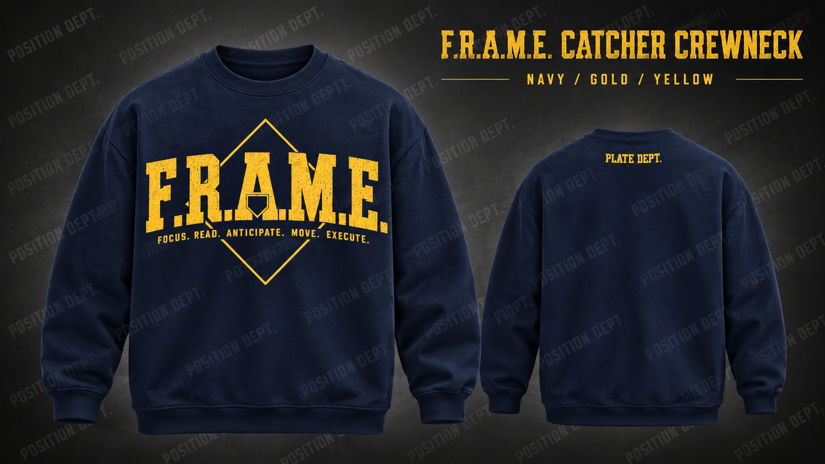 Position Dept. F.R.A.M.E. catcher crewneck in Navy / Gold / Yellow, front and back views, baseball and softball leisure wear.