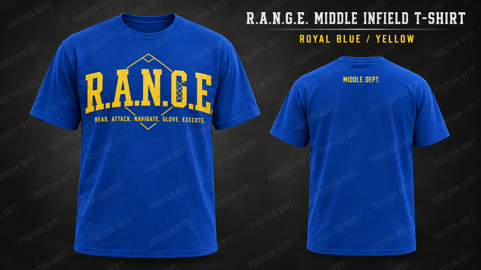 Position Dept. R.A.N.G.E. middle infield T-shirt in Royal Blue / Yellow, front and back views, baseball and softball leisure wear.