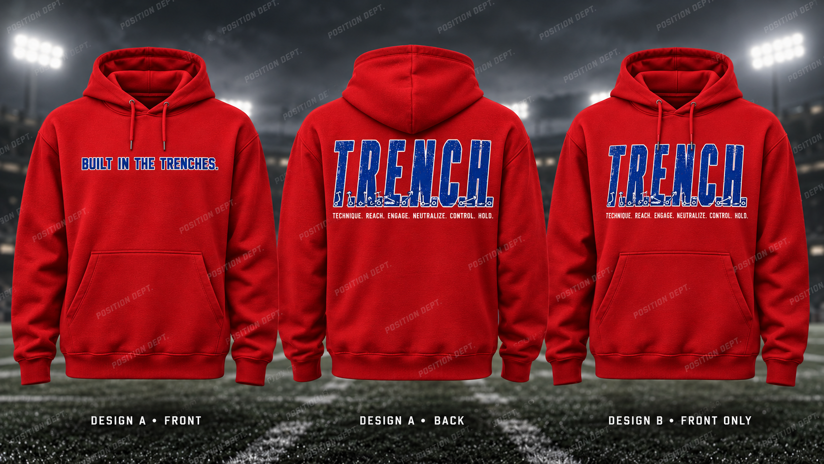 T.R.E.N.C.H. football hoodie in USA Red / White / Blue, showing Design A slogan front and letter back, plus Design B front-only artwork.