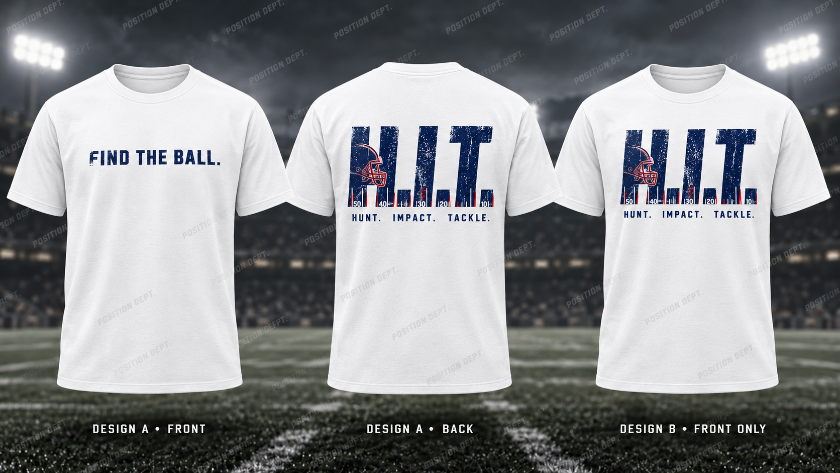 H.I.T. football T-shirt in USA Red / White / Blue. Design A slogan front and graphic back; Design B graphic front, blank back. Position Dept.