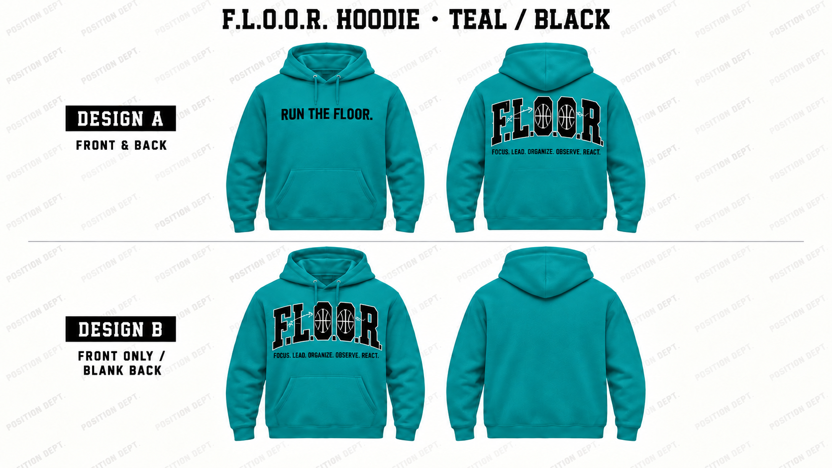 Position Dept. F.L.O.O.R. basketball hoodie in Teal / Black, showing Front & Back and Front Only designs with basketball court and net details.