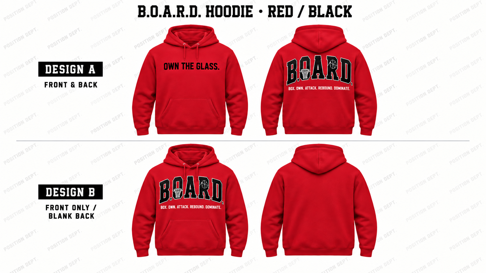 Position Dept. B.O.A.R.D. basketball hoodie in Red / Black, showing Front & Back and Front Only designs with basketball rim and net lettering.
