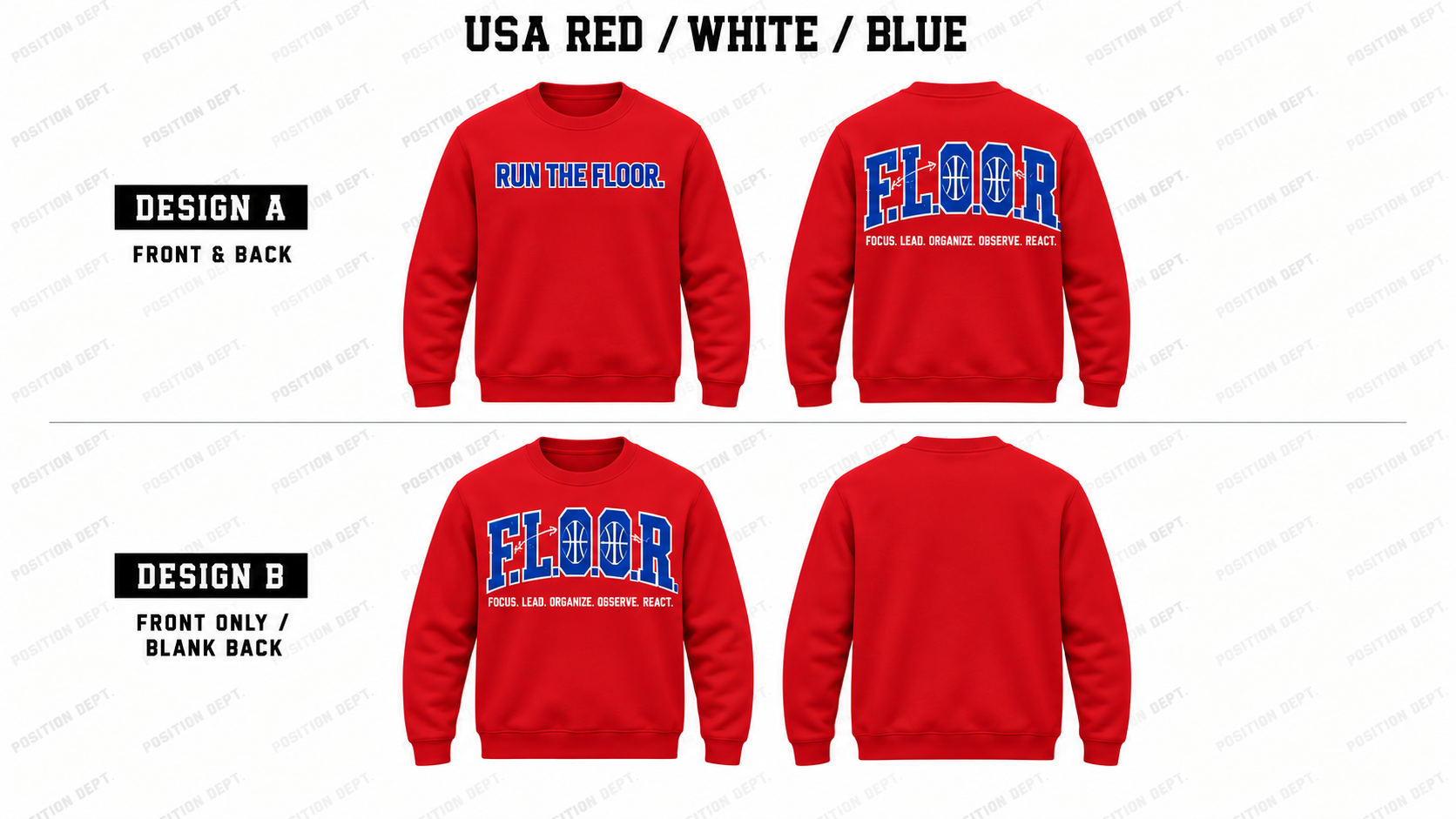 Position Dept. F.L.O.O.R. basketball crewneck in USA Red / White / Blue, Design A front and back and Design B front-only with blank back.