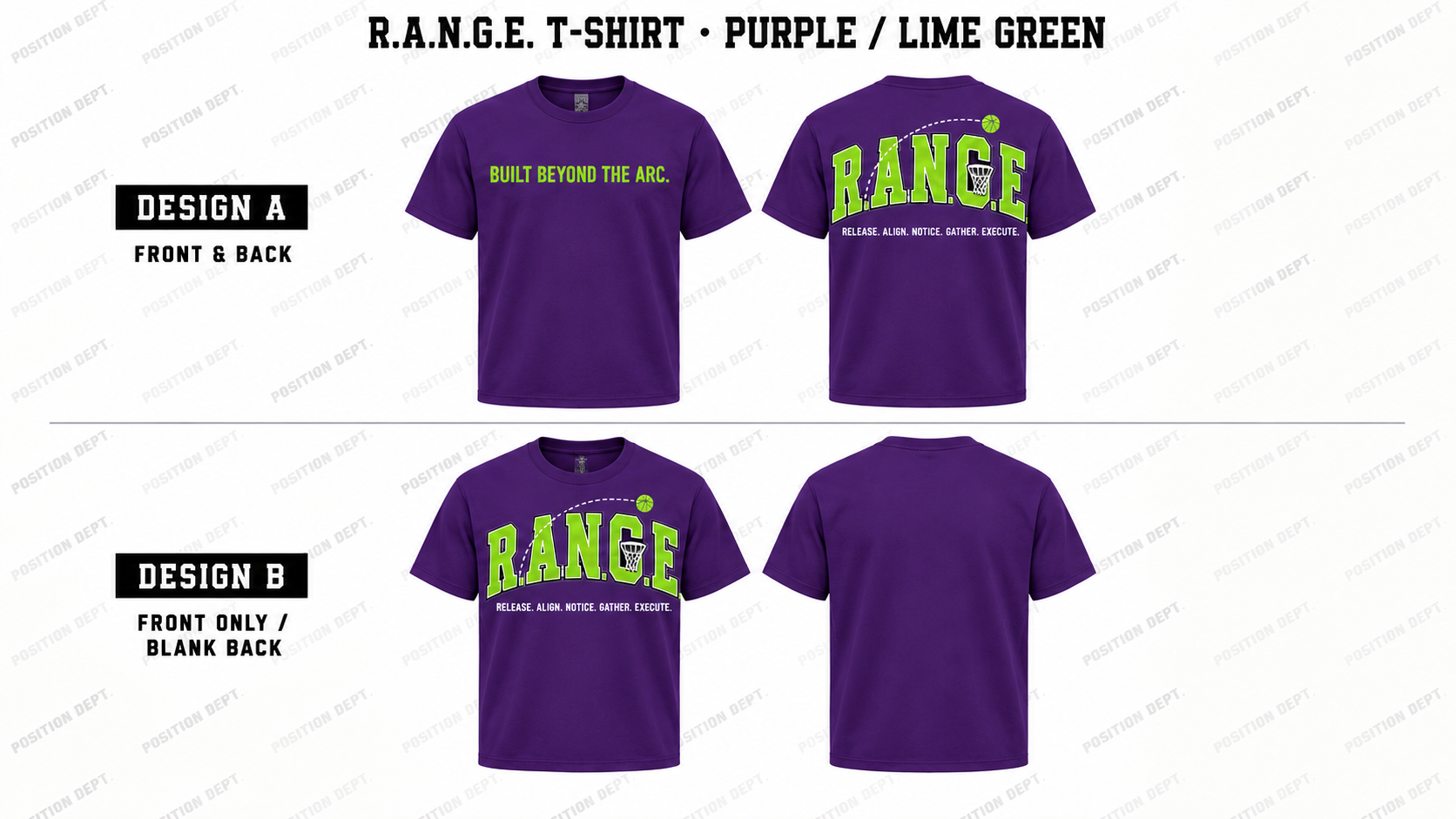 Position Dept. R.A.N.G.E. basketball T-shirt in Purple / Lime Green, Design A front and back and Design B front-only with blank back.