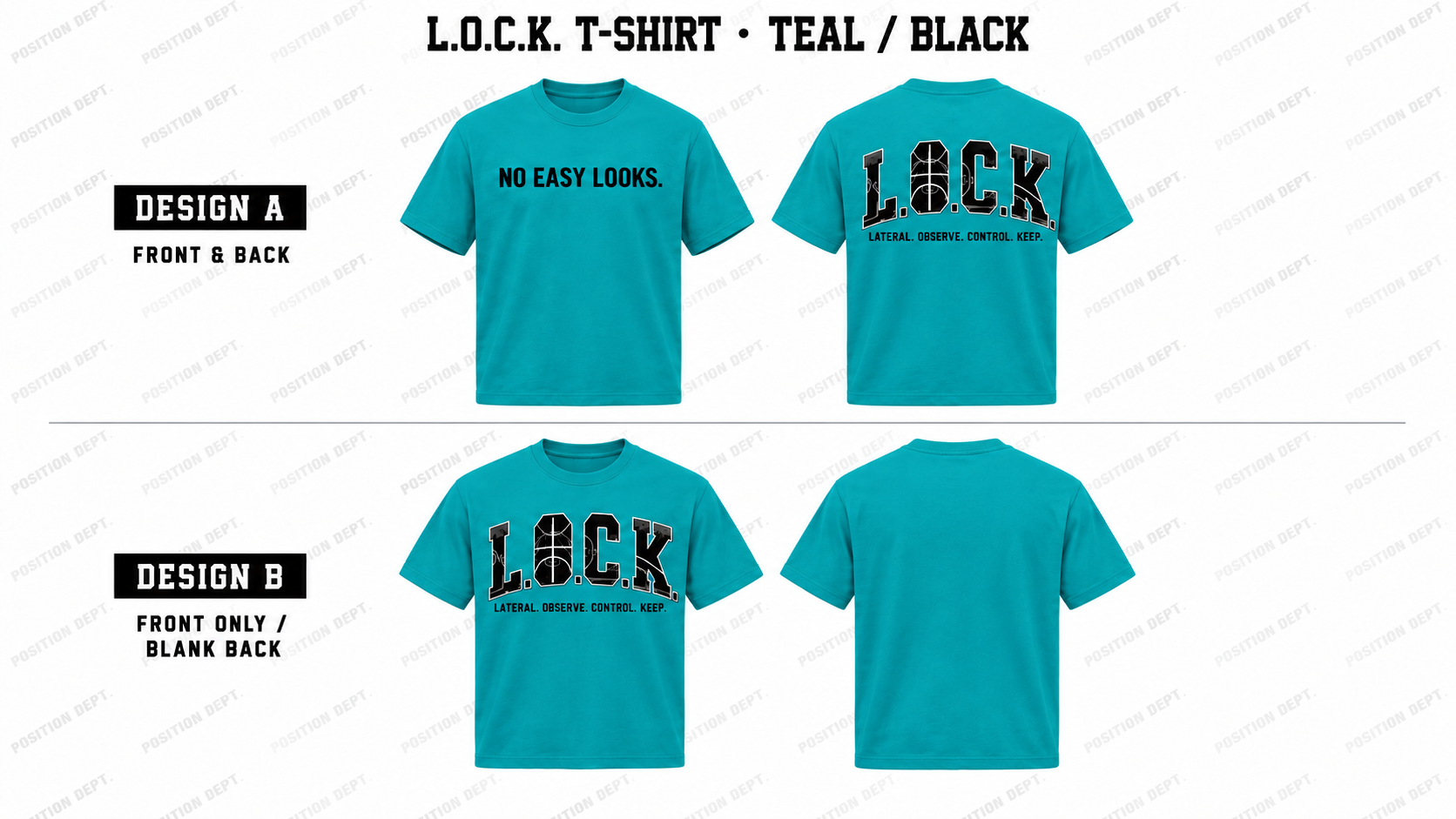 Position Dept. L.O.C.K. basketball T-shirt in Teal / Black, Design A front and back and Design B front-only with blank back.