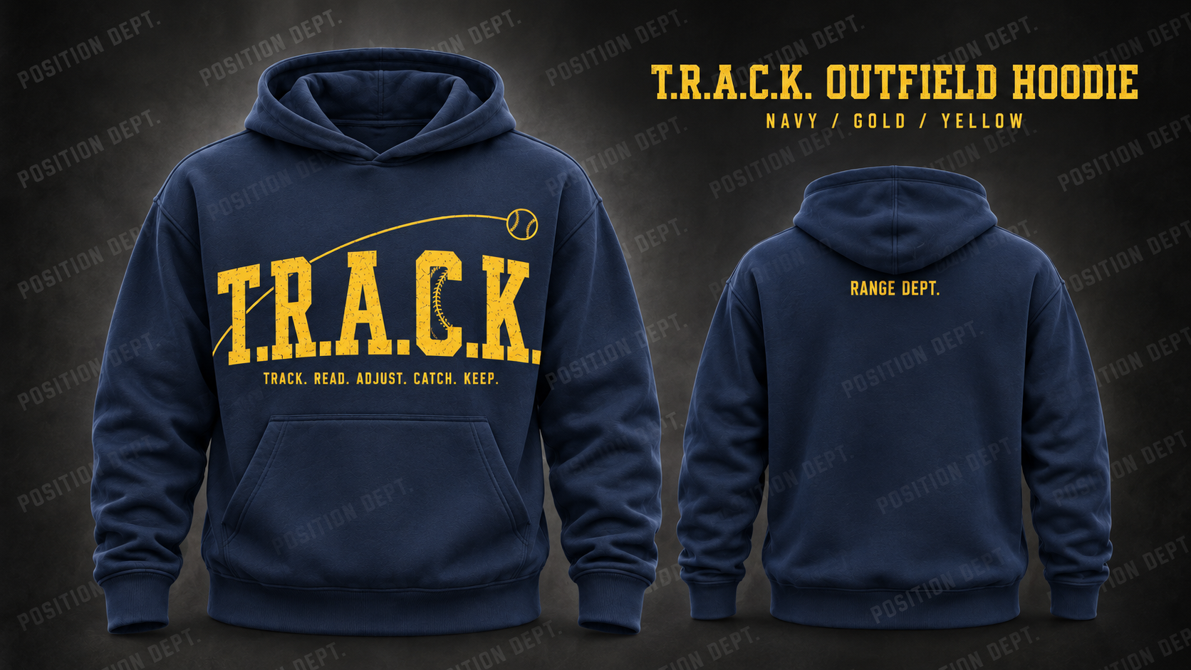 Position Dept. T.R.A.C.K. outfield hoodie in Navy / Gold / Yellow, front and back views, baseball and softball leisure wear.