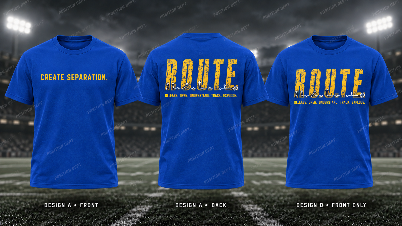R.O.U.T.E. football T-shirt in Royal Blue / Yellow. Design A slogan front and graphic back; Design B graphic front, blank back. Position Dept.
