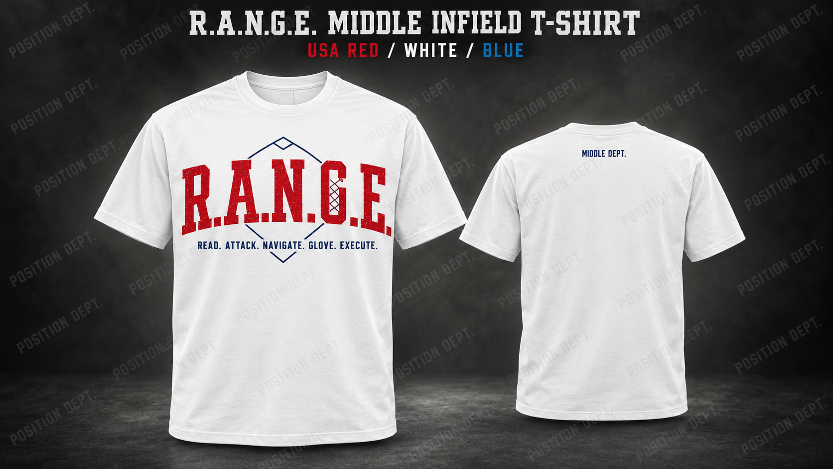 Position Dept. R.A.N.G.E. middle infield T-shirt in USA Red / White / Blue, front and back views, baseball and softball leisure wear.