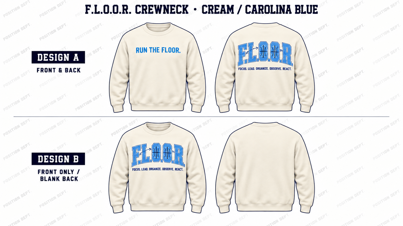 Position Dept. F.L.O.O.R. basketball crewneck in Cream / Carolina Blue, Design A front and back and Design B front-only with blank back.