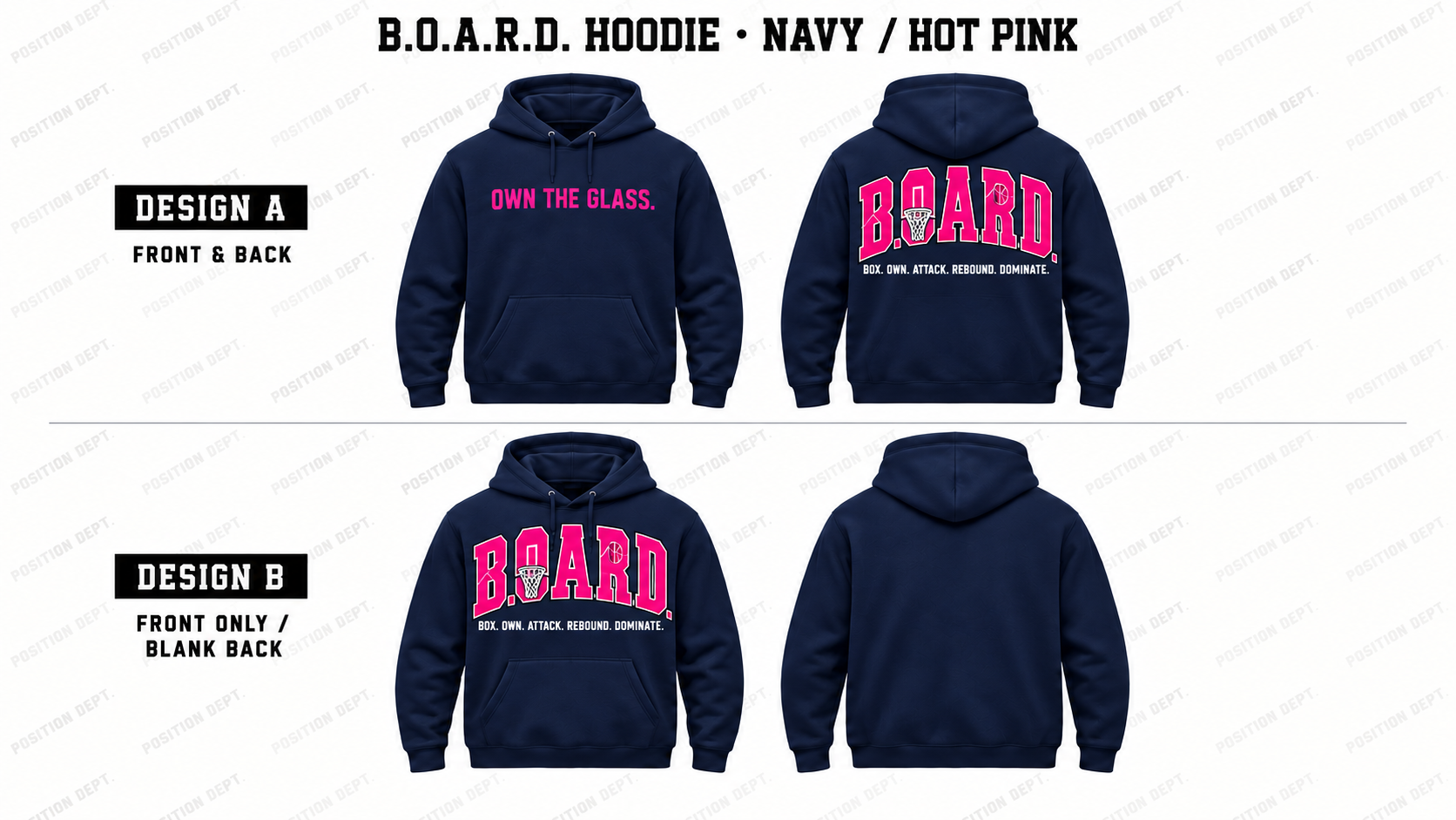 Position Dept. B.O.A.R.D. basketball hoodie in Navy / Hot Pink, showing Front & Back and Front Only designs with basketball rim and net lettering.