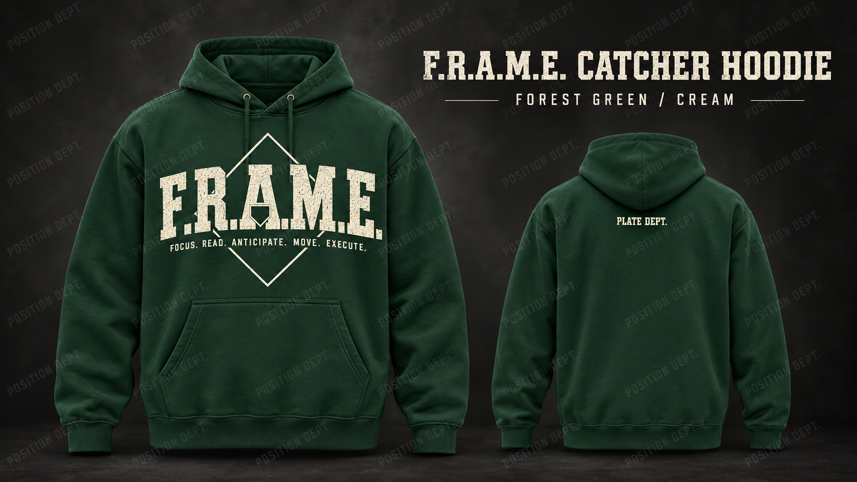 Position Dept. F.R.A.M.E. catcher hoodie in Forest Green / Cream, front and back views, baseball and softball leisure wear.