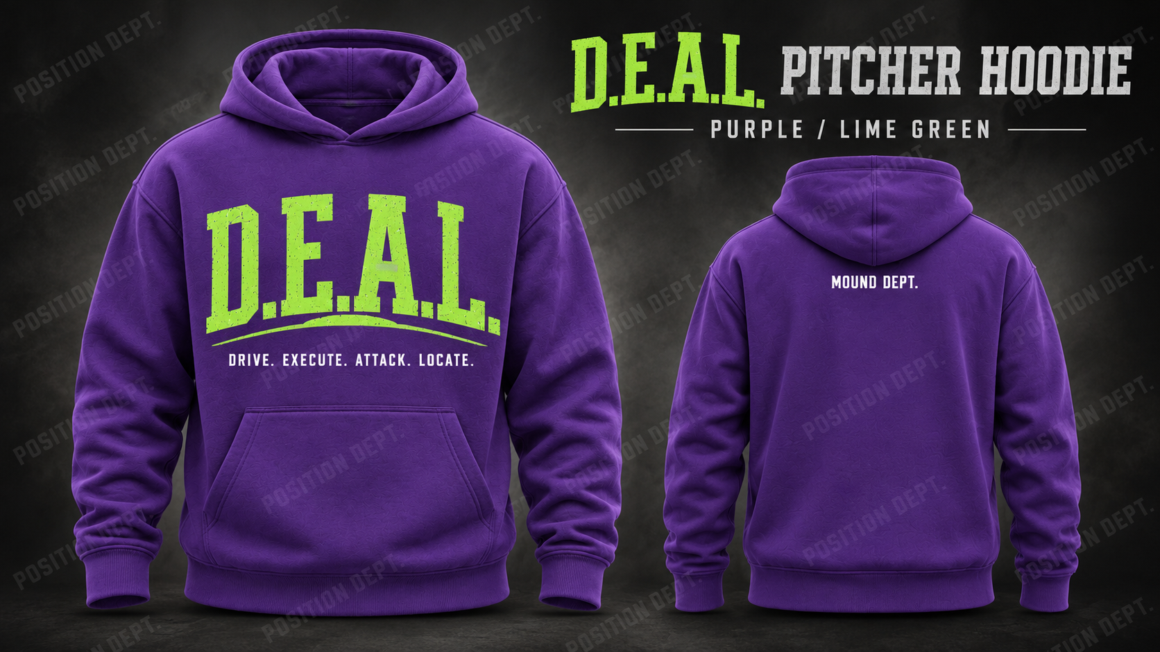 Position Dept. D.E.A.L. pitcher hoodie in Purple / Lime Green, front and back views, baseball and softball leisure wear.