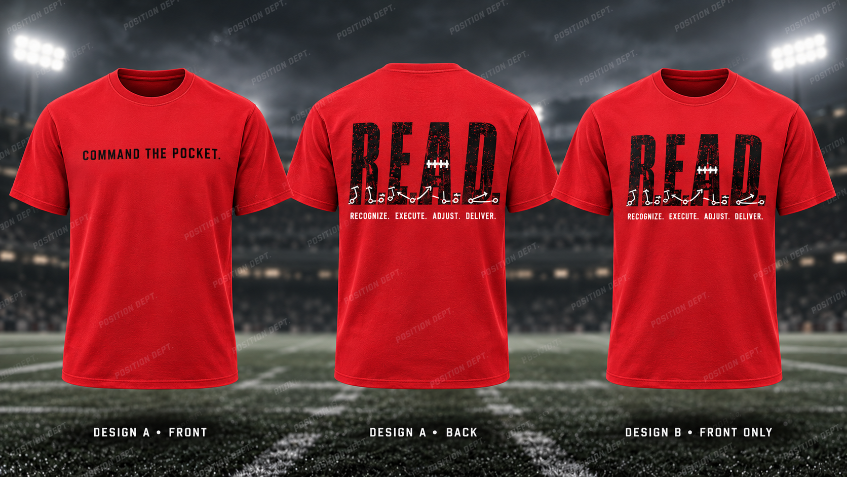 Position Dept. R.E.A.D. football T-shirt in Red / Black. Design A slogan front and graphic back; Design B graphic front only with blank back.