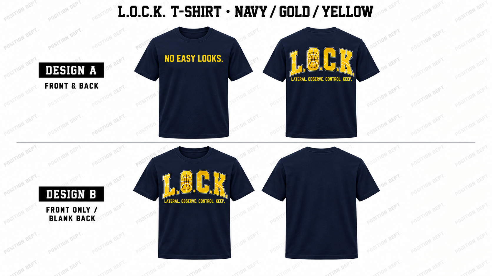 Position Dept. L.O.C.K. basketball T-shirt in Navy / Gold / Yellow, Design A front and back and Design B front-only with blank back.