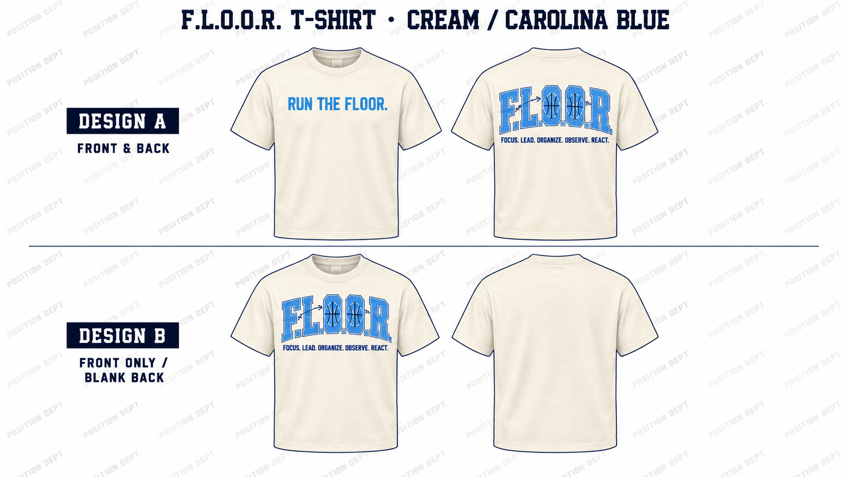 Position Dept. F.L.O.O.R. basketball T-shirt in Cream / Carolina Blue, Design A front and back and Design B front-only with blank back.