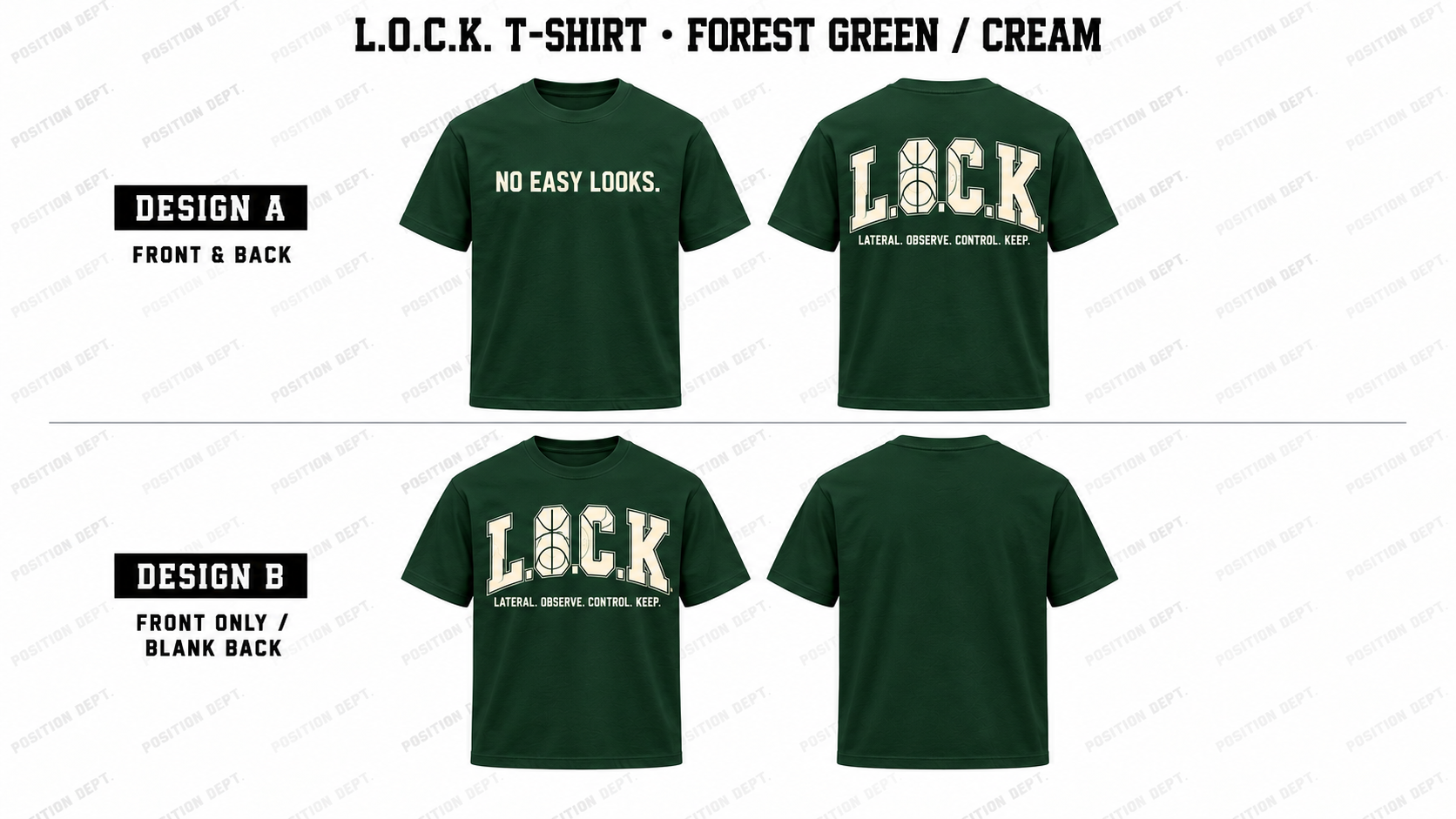 Position Dept. L.O.C.K. basketball T-shirt in Forest Green / Cream, Design A front and back and Design B front-only with blank back.