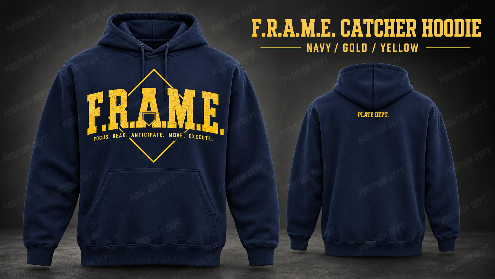 Position Dept. F.R.A.M.E. catcher hoodie in Navy / Gold / Yellow, front and back views, baseball and softball leisure wear.