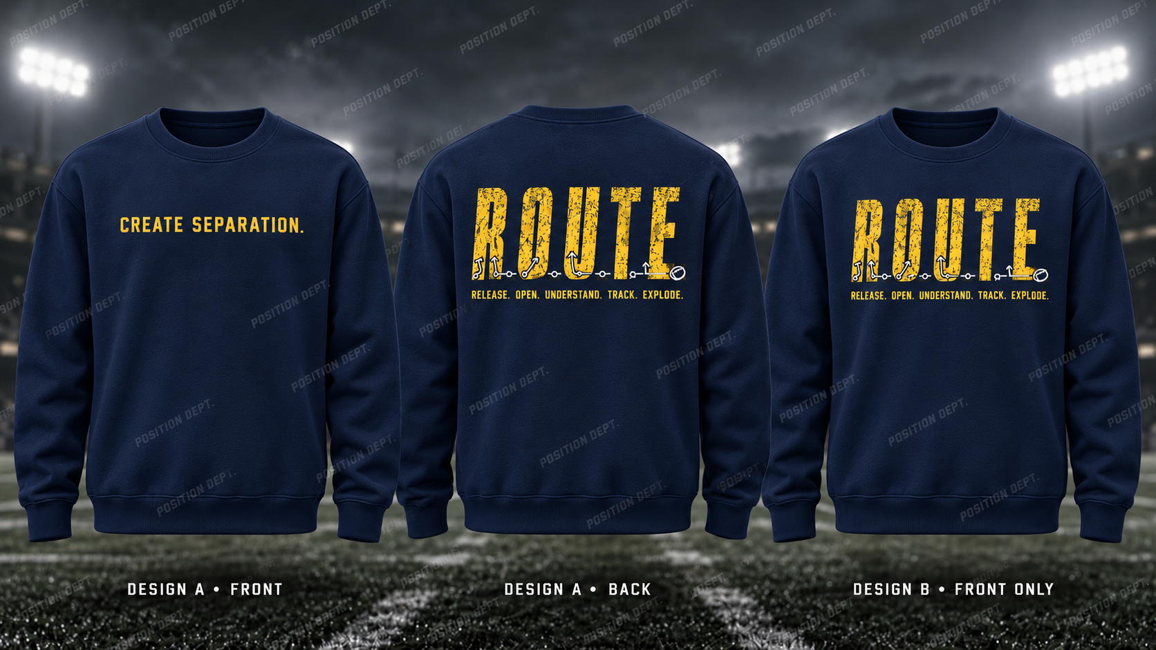 R.O.U.T.E. football crewneck in Navy / Gold / Yellow. Design A: slogan front, graphic back. Design B: graphic front, blank back. Position Dept.