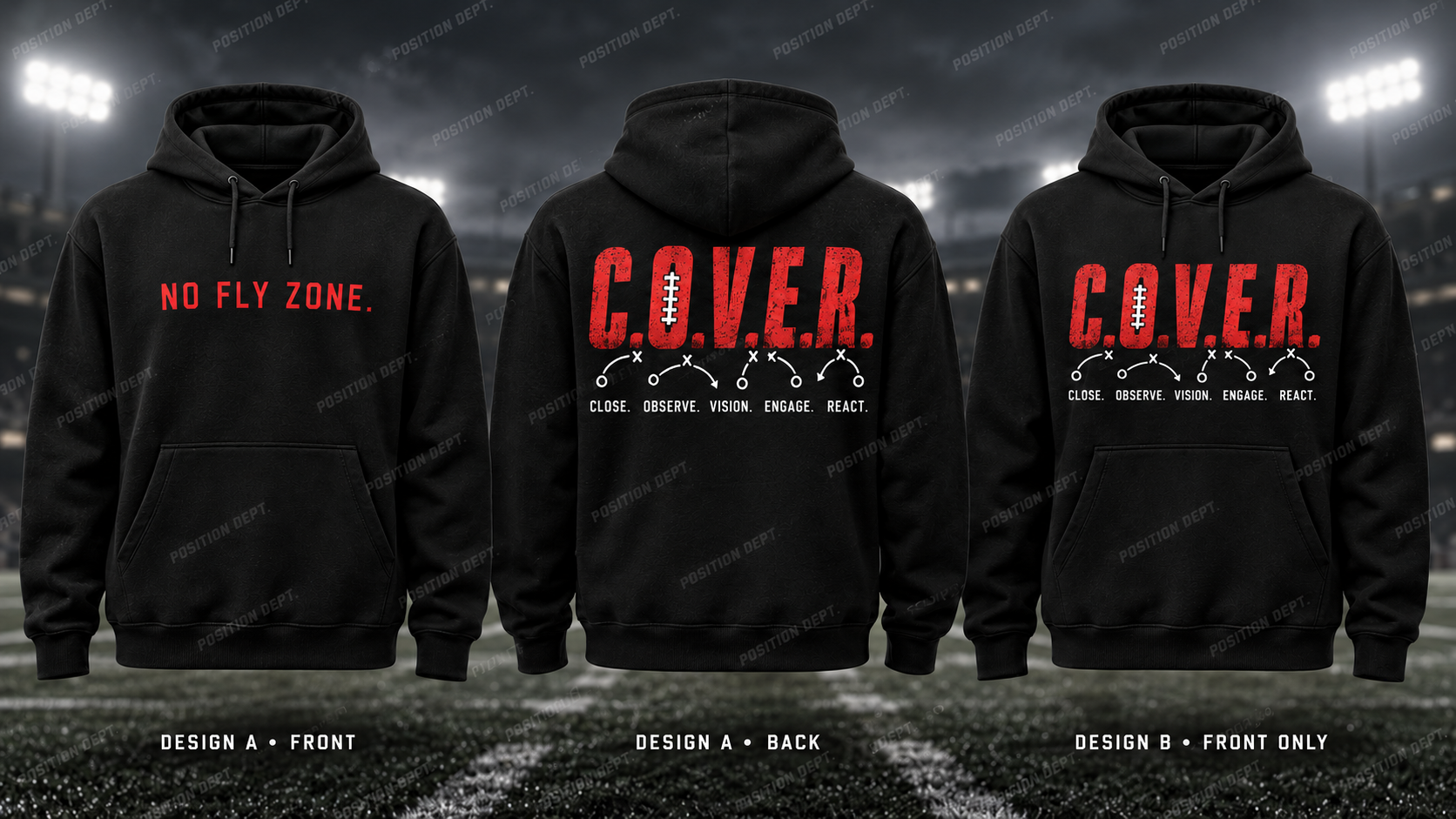 C.O.V.E.R. football hoodie in Black / Red, showing Design A slogan front and letter back, plus Design B front-only artwork.
