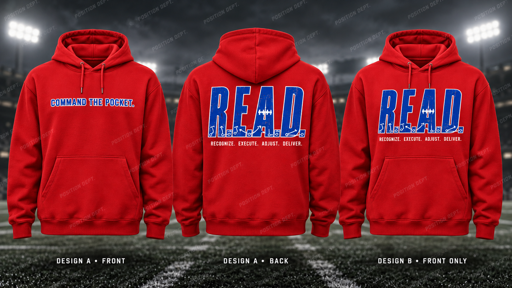 R.E.A.D. football hoodie in USA Red / White / Blue, showing Design A slogan front and letter back, plus Design B front-only artwork.
