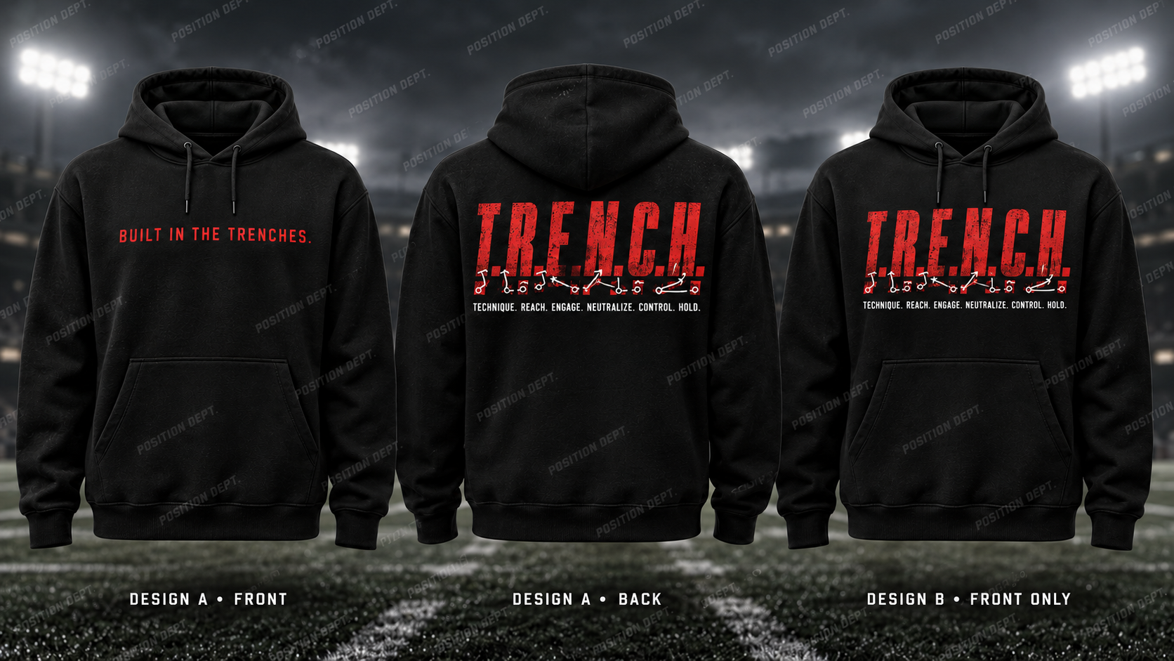 T.R.E.N.C.H. football hoodie in Black / Red, showing Design A slogan front and letter back, plus Design B front-only artwork.