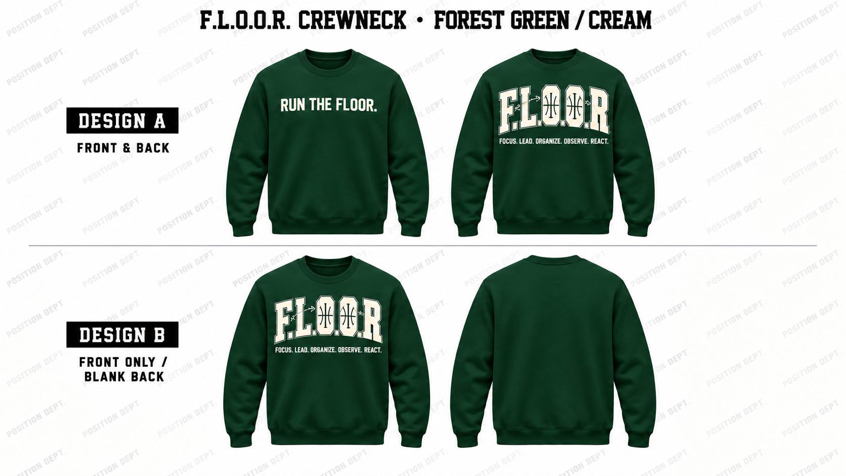 Position Dept. F.L.O.O.R. basketball crewneck in Forest Green / Cream, Design A front and back and Design B front-only with blank back.