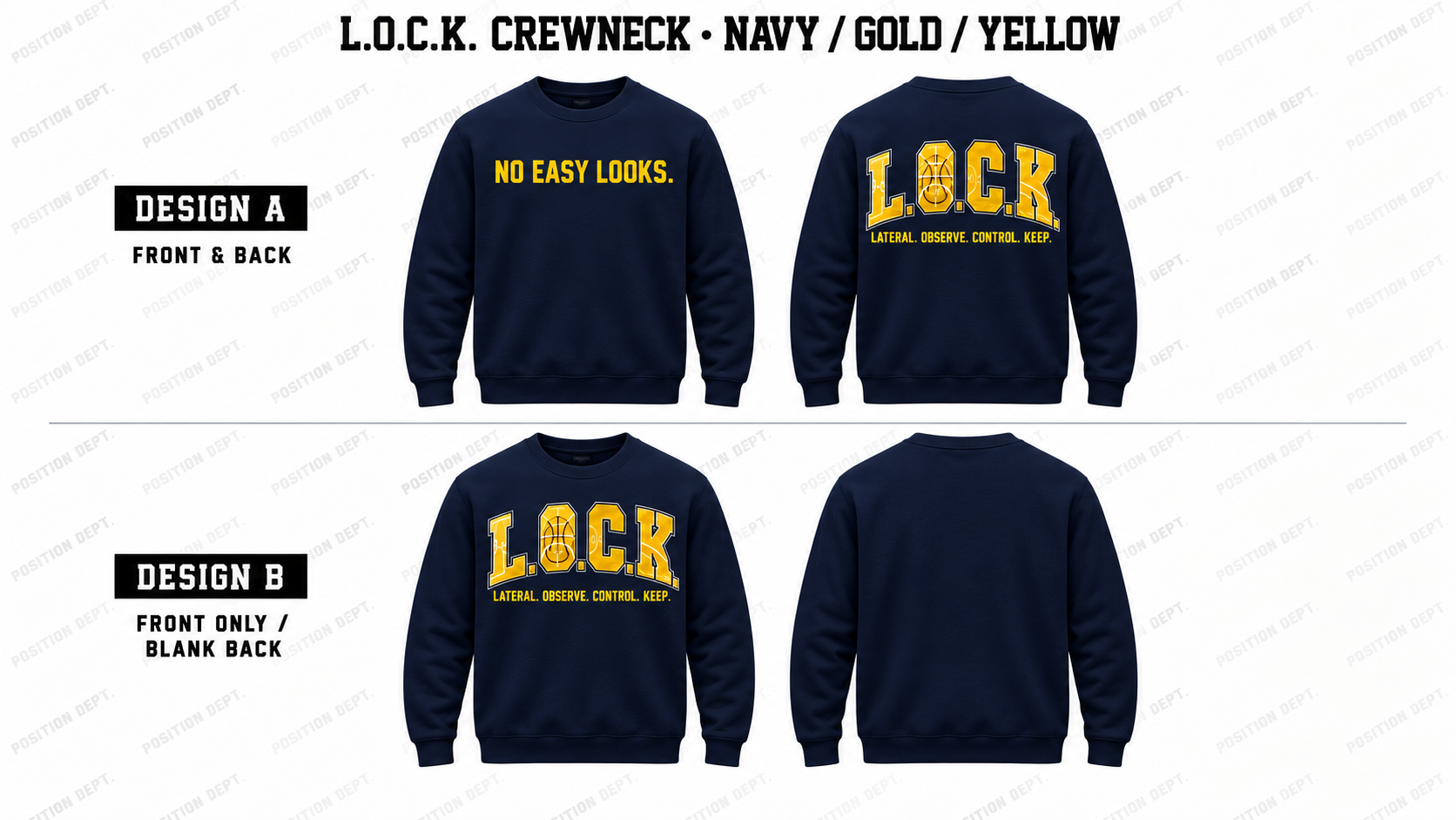 Position Dept. L.O.C.K. basketball crewneck in Navy / Gold / Yellow, Design A front and back and Design B front-only with blank back.