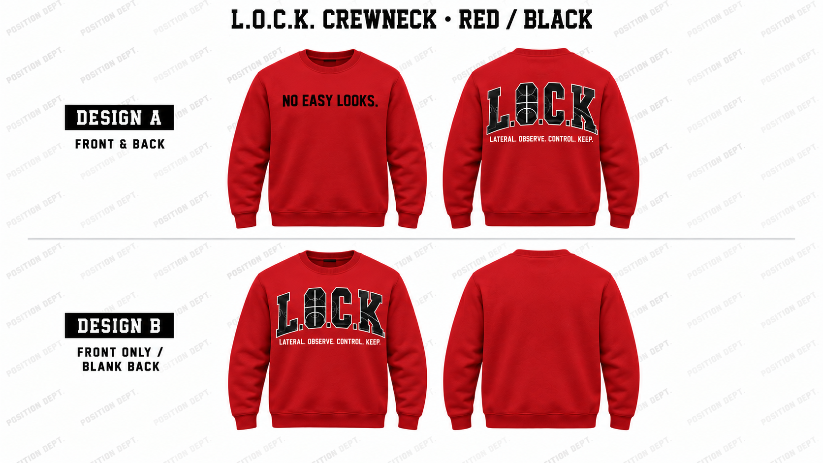 Position Dept. L.O.C.K. basketball crewneck in Red / Black, Design A front and back and Design B front-only with blank back.