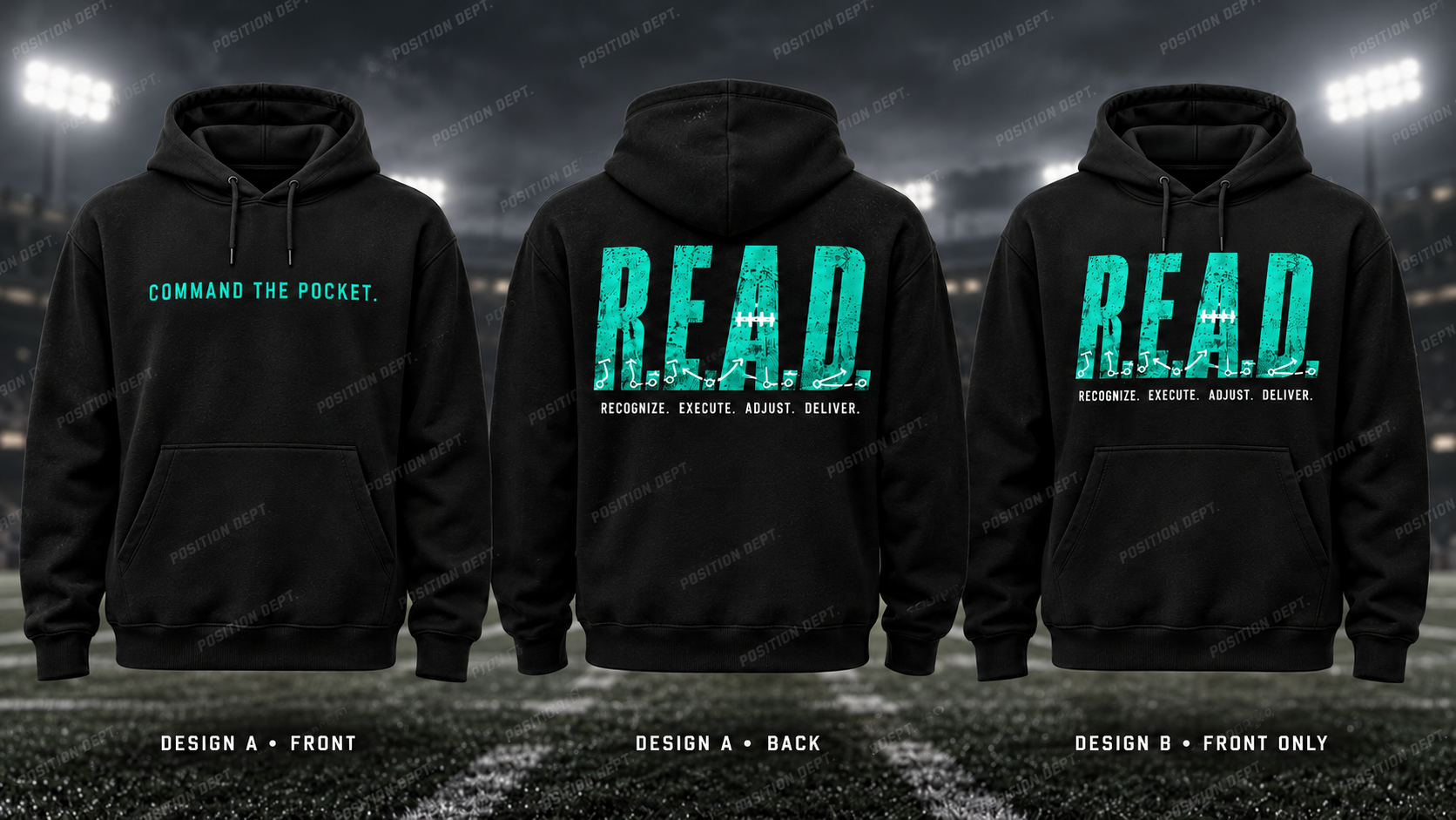 R.E.A.D. football hoodie in Black / Teal, showing Design A slogan front and letter back, plus Design B front-only artwork.