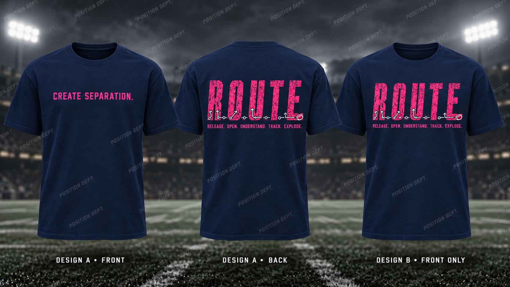 R.O.U.T.E. football T-shirt in Navy / Hot Pink. Design A slogan front and graphic back; Design B graphic front, blank back. Position Dept.