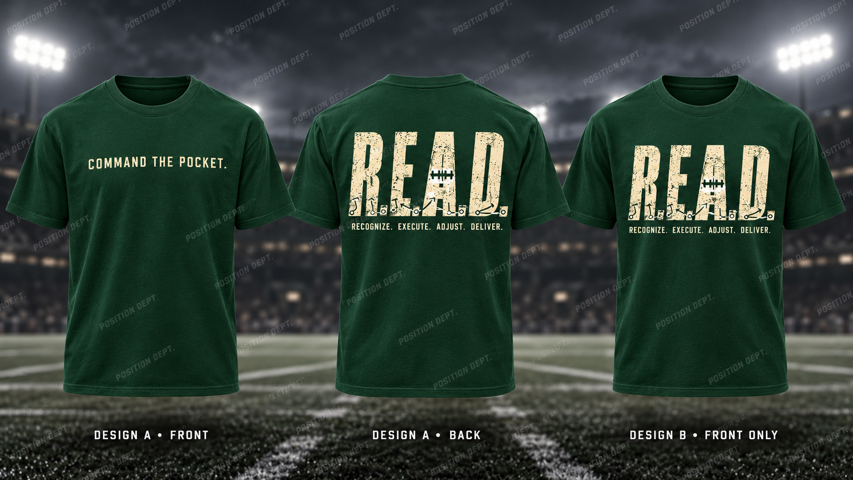 Position Dept. R.E.A.D. football T-shirt in Forest Green / Cream. Design A slogan front and graphic back; Design B graphic front only with blank back.