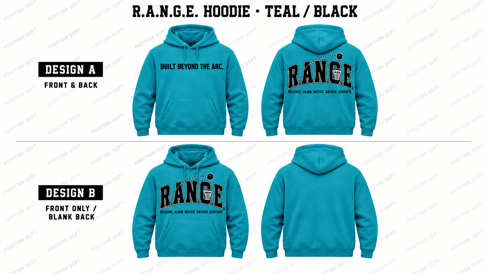 Position Dept. R.A.N.G.E. basketball hoodie in Teal / Black, showing Front & Back and Front Only designs with basketball arc and net details.