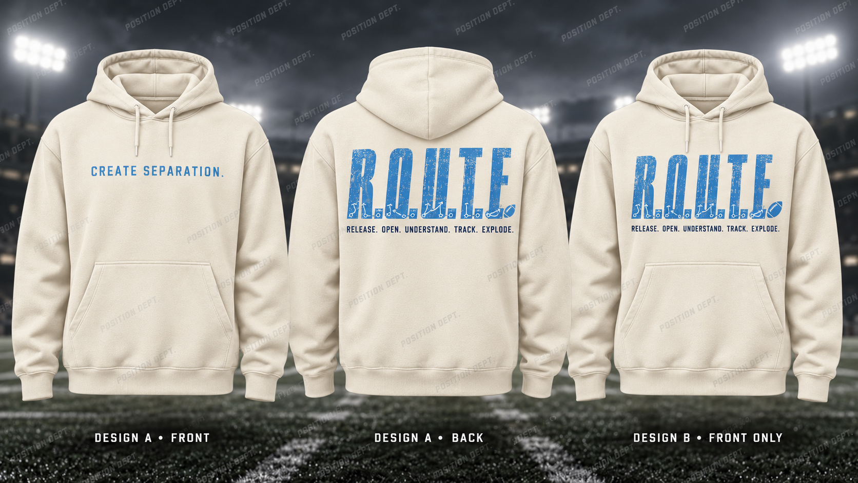 R.O.U.T.E. football hoodie in Cream / Carolina Blue, showing Design A slogan front and letter back, plus Design B front-only artwork.