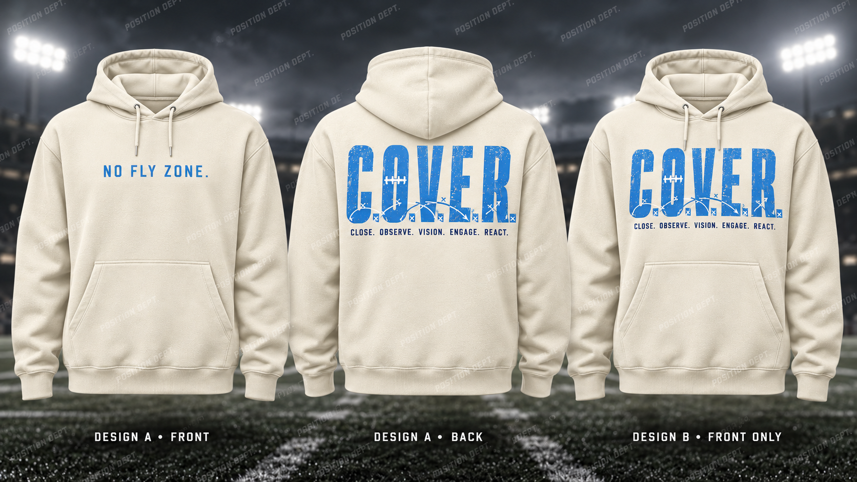 C.O.V.E.R. football hoodie in Cream / Carolina Blue, showing Design A slogan front and letter back, plus Design B front-only artwork.