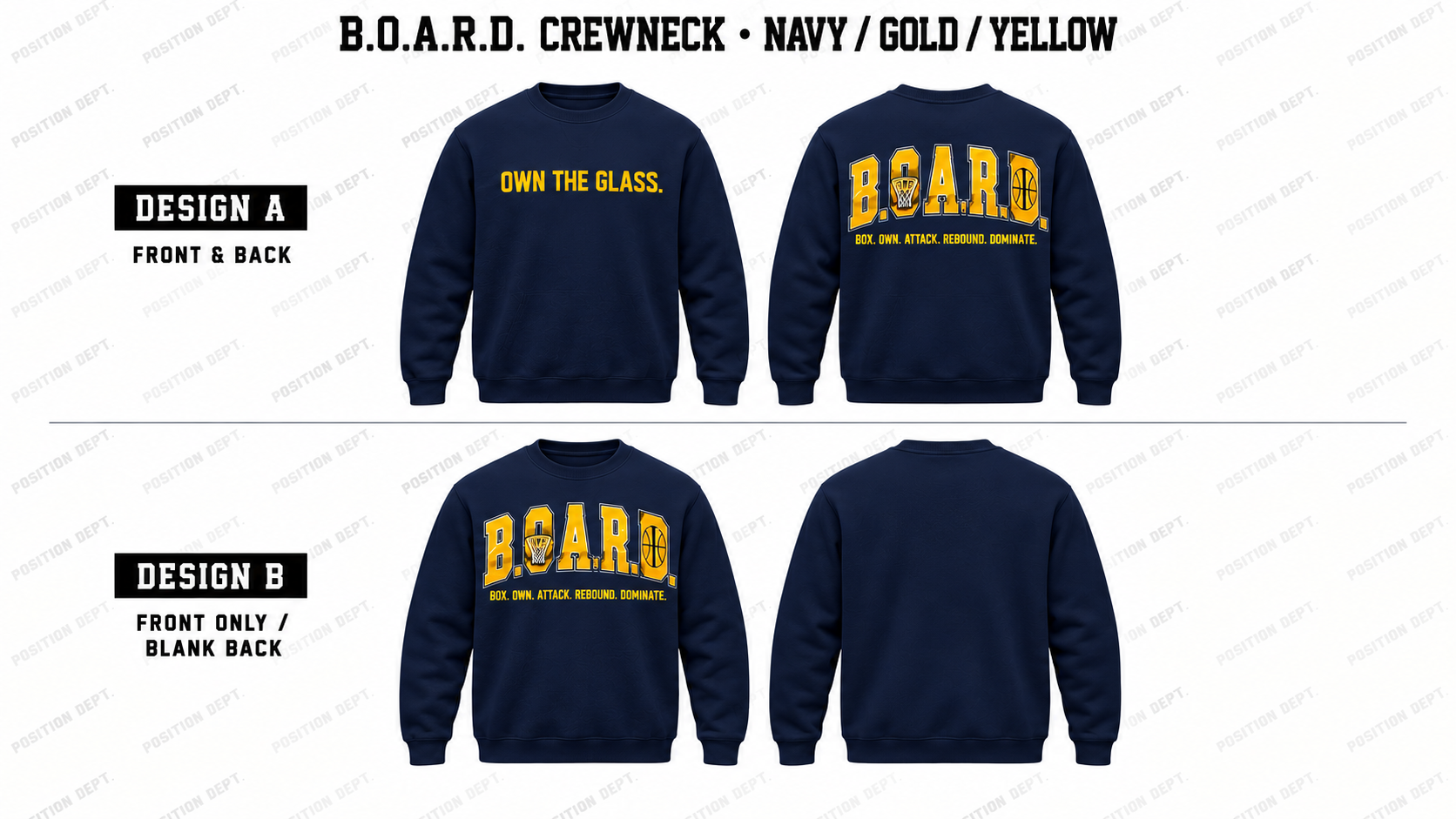 Position Dept. B.O.A.R.D. basketball crewneck in Navy / Gold / Yellow, Design A front and back and Design B front-only with blank back.