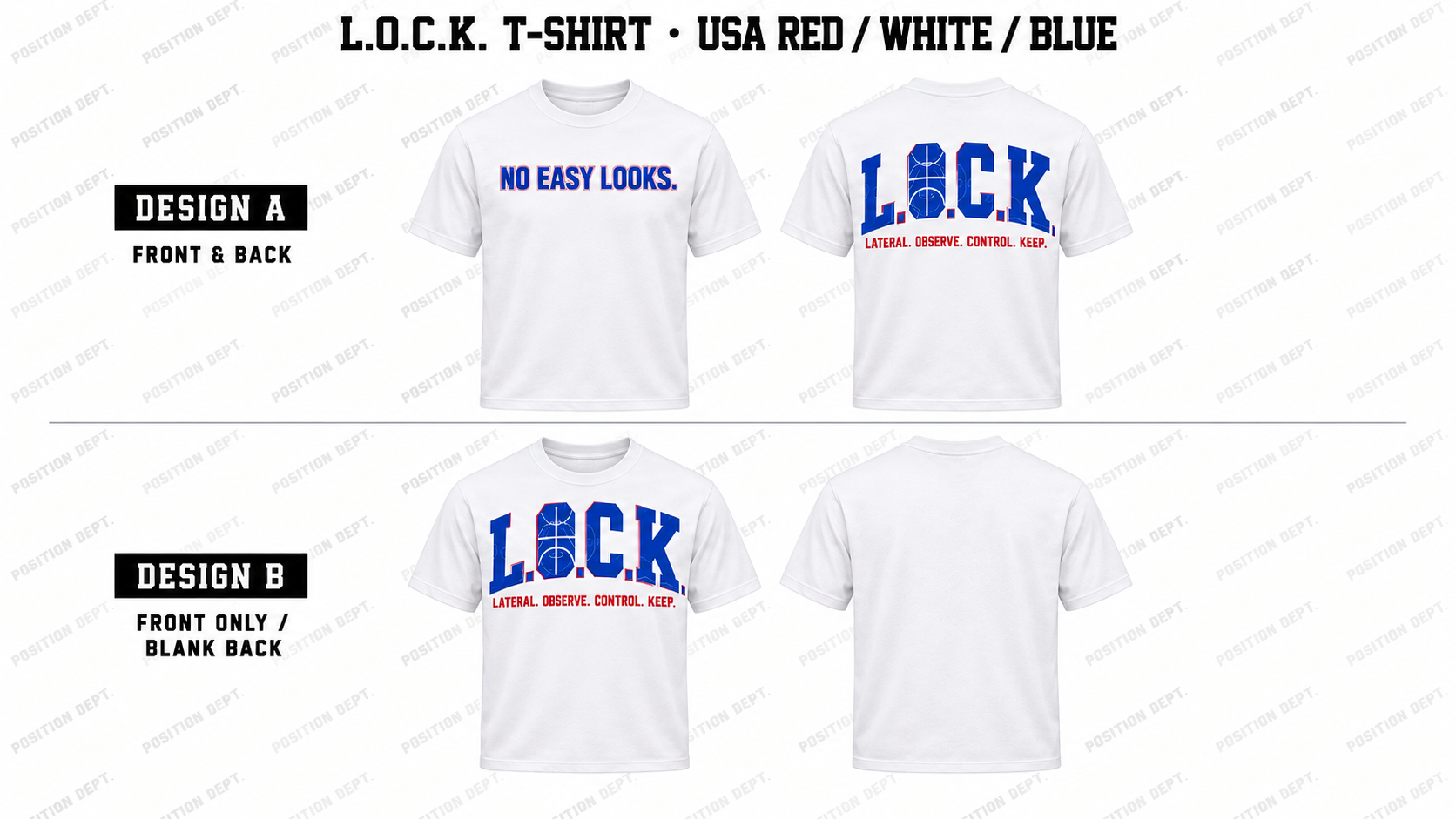 Position Dept. L.O.C.K. basketball T-shirt in USA Red / White / Blue, Design A front and back and Design B front-only with blank back.