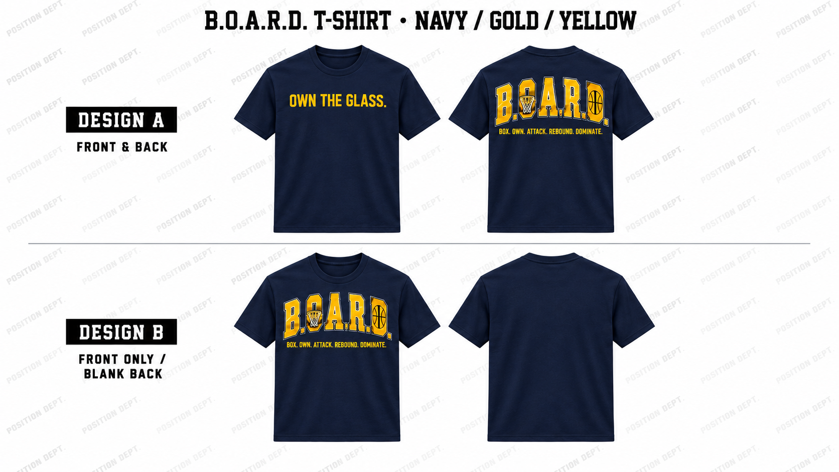 Position Dept. B.O.A.R.D. basketball T-shirt in Navy / Gold / Yellow, Design A front and back and Design B front-only with blank back.