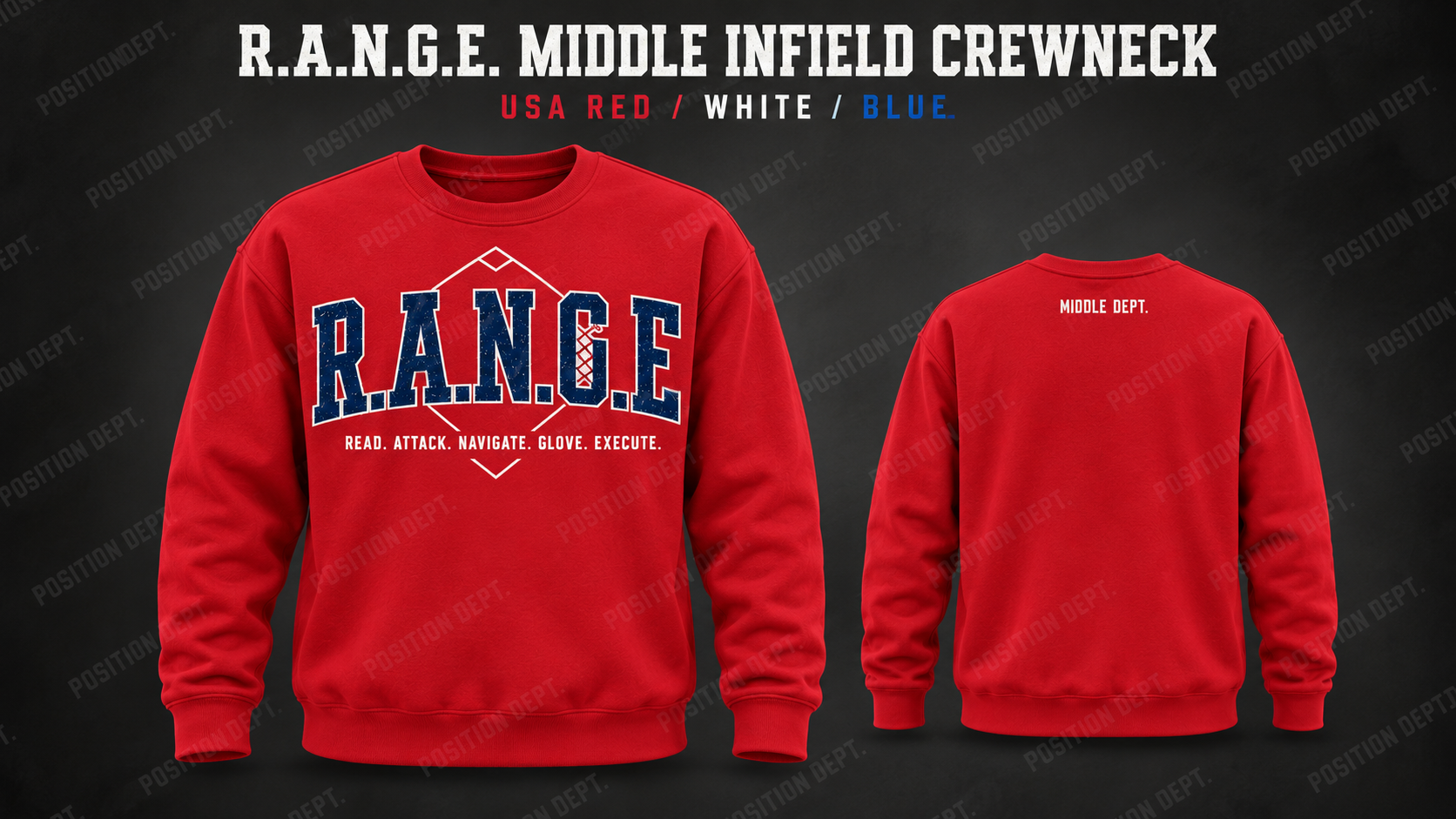 Position Dept. R.A.N.G.E. middle infield crewneck in USA Red / White / Blue, front and back views, baseball and softball leisure wear.
