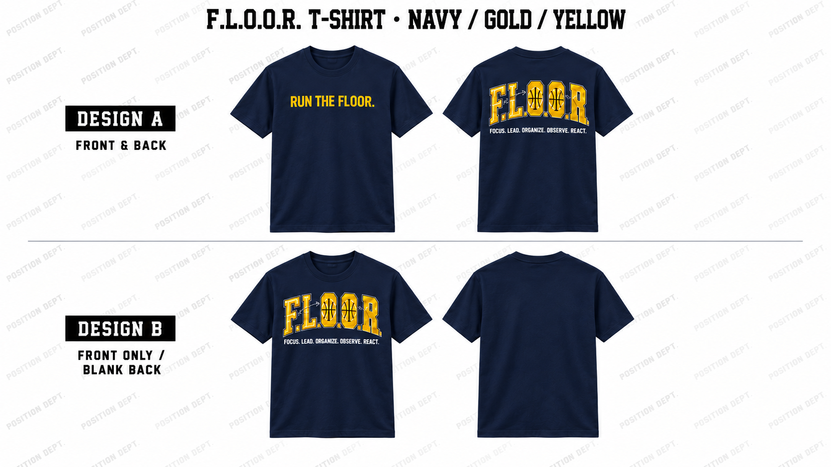 Position Dept. F.L.O.O.R. basketball T-shirt in Navy / Gold / Yellow, Design A front and back and Design B front-only with blank back.