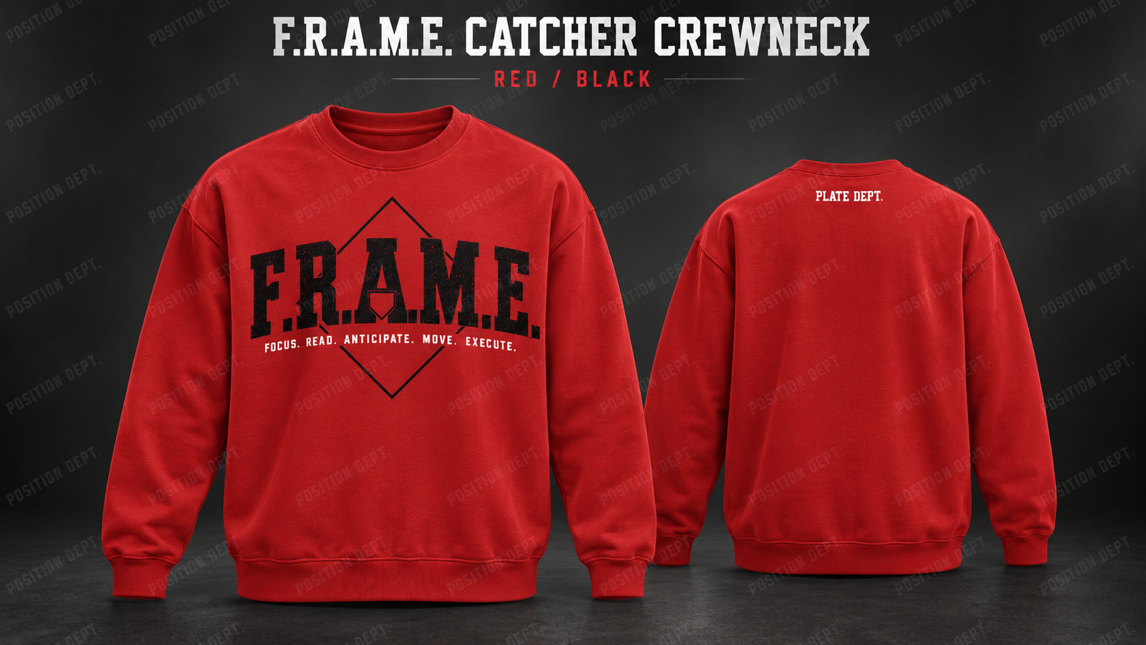 Position Dept. F.R.A.M.E. catcher crewneck in Red / Black, front and back views, baseball and softball leisure wear.