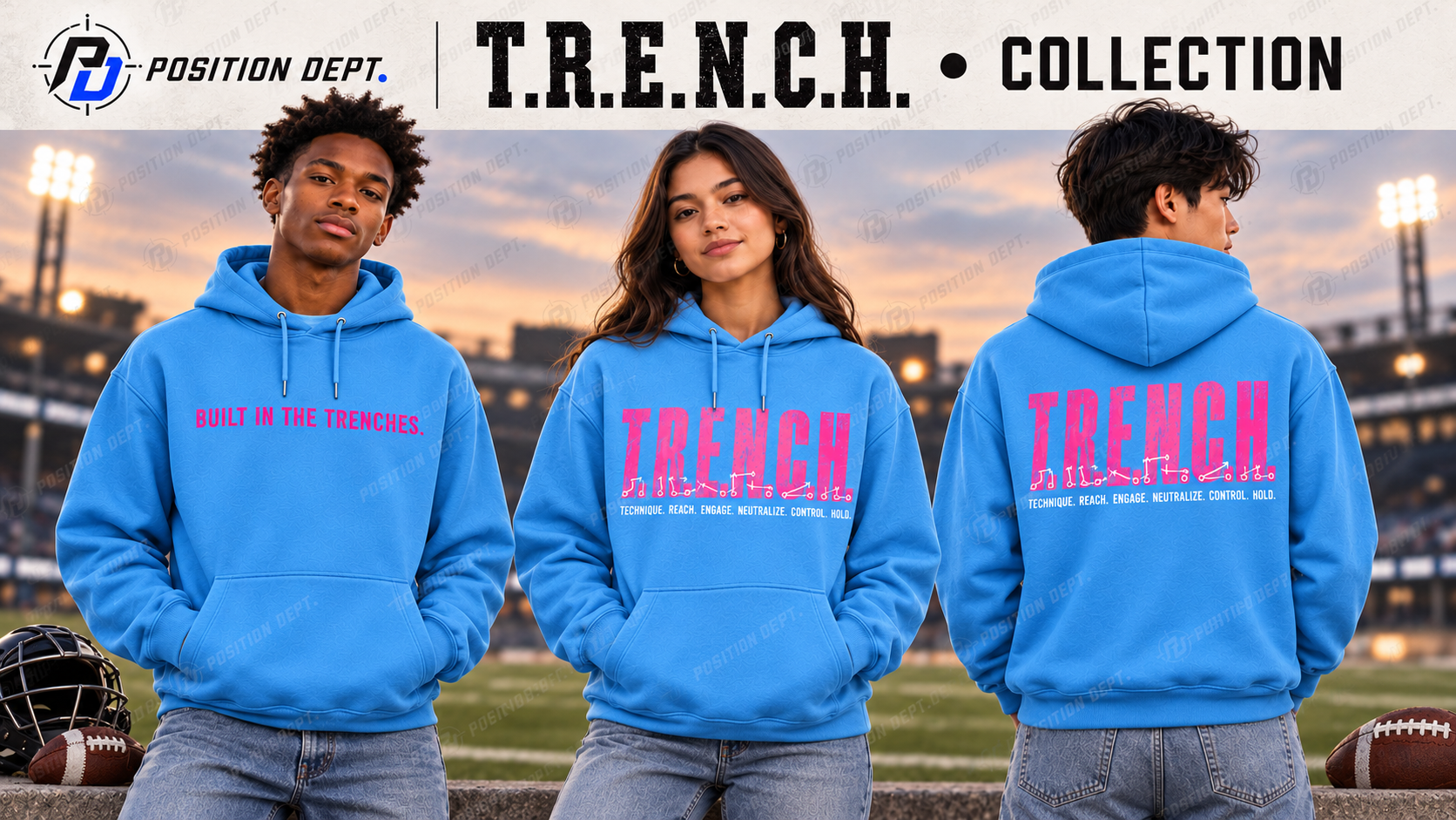 T.R.E.N.C.H. football hoodie collection for linemen, showing design options and leisure apparel on models.