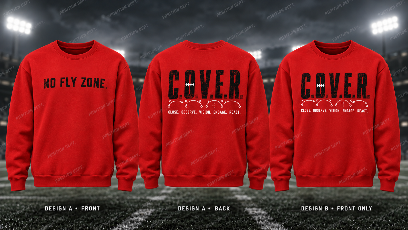 C.O.V.E.R. football crewneck in Red / Black. Design A slogan front and graphic back; Design B graphic front, blank back. Position Dept.
