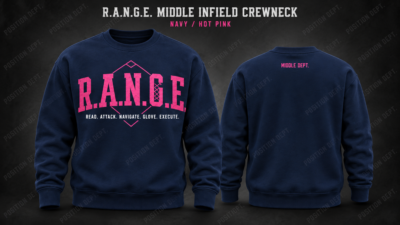 Position Dept. R.A.N.G.E. middle infield crewneck in Navy / Hot Pink, front and back views, baseball and softball leisure wear.