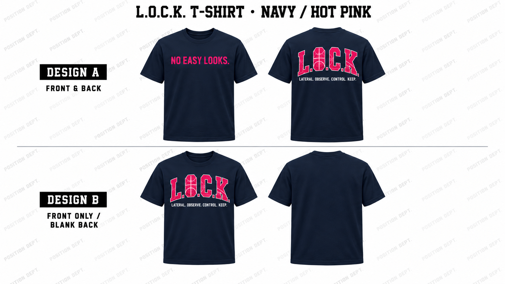 Position Dept. L.O.C.K. basketball T-shirt in Navy / Hot Pink, Design A front and back and Design B front-only with blank back.