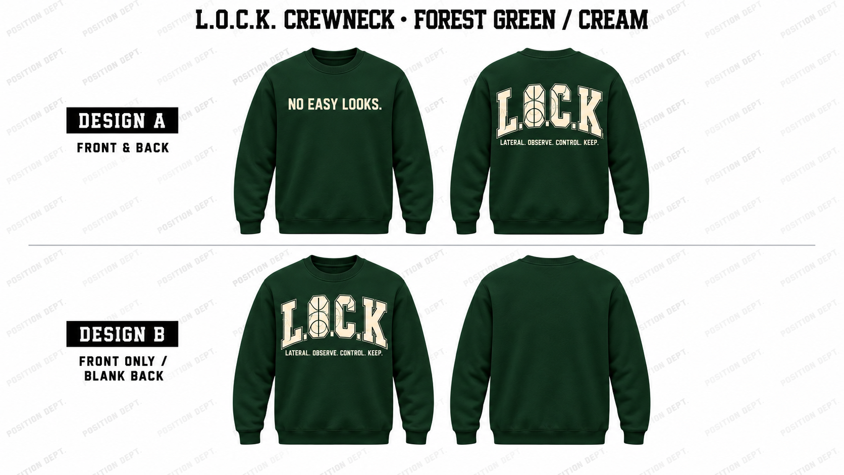 Position Dept. L.O.C.K. basketball crewneck in Forest Green / Cream, Design A front and back and Design B front-only with blank back.