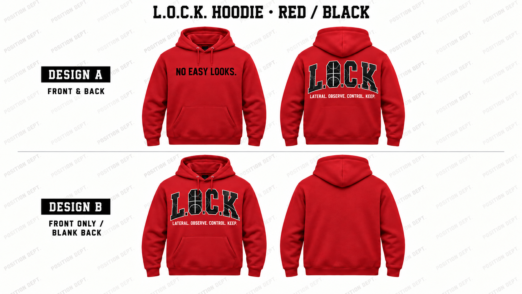 Position Dept. L.O.C.K. basketball hoodie in Red / Black, showing Front & Back and Front Only designs with basketball court lettering.